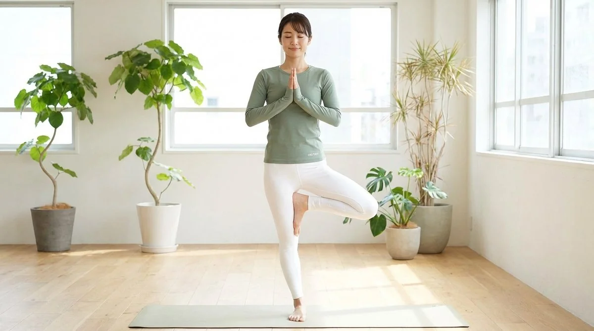 CRZ YOGAのアスレチックウェアを着た日本人女性がヨガポーズ